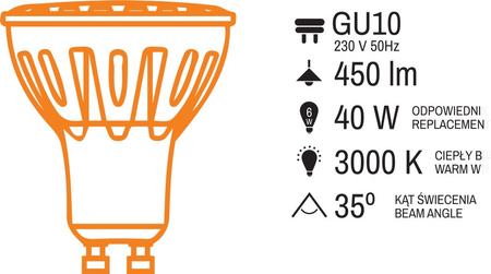 Żarówka LED GU10 CIEPŁA ALUMINIUM 40W 6W 230 450lm