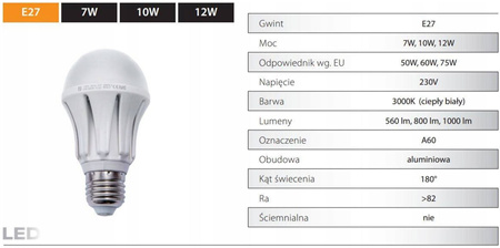 Żarówka LED E27 10W=60W 820lm 3000K