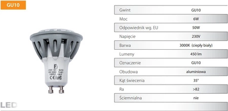 Żarówka LED GU10 CIEPŁA ALUMINIUM 40W 6W 230 450lm