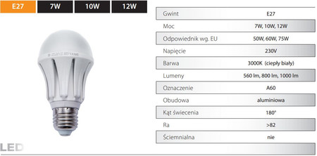 Żarówka LED E27 12W=75W 1000lm BARWA CIEPŁA BIAŁA