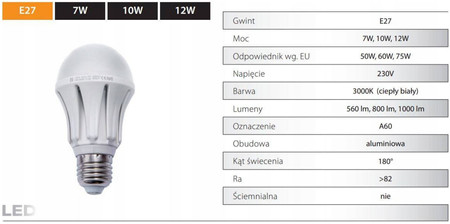 Żarówka LED E27 10W=60W 820lm 3000K