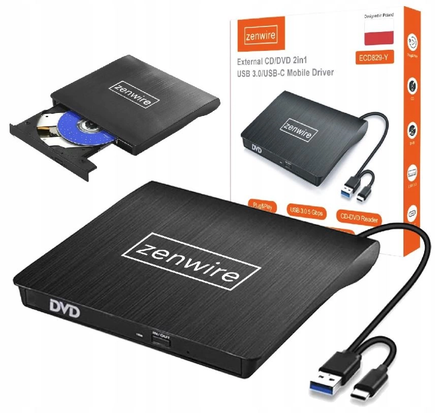 Zewnętrzny Przenośny Napęd Odtwarzacz Nagrywarka DVD CD USB 3.0 SLIM